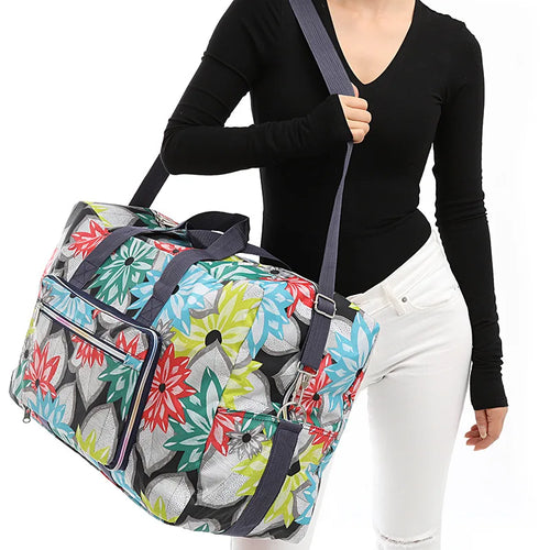Colorful floral duffle bag, perfect for travel and gym use