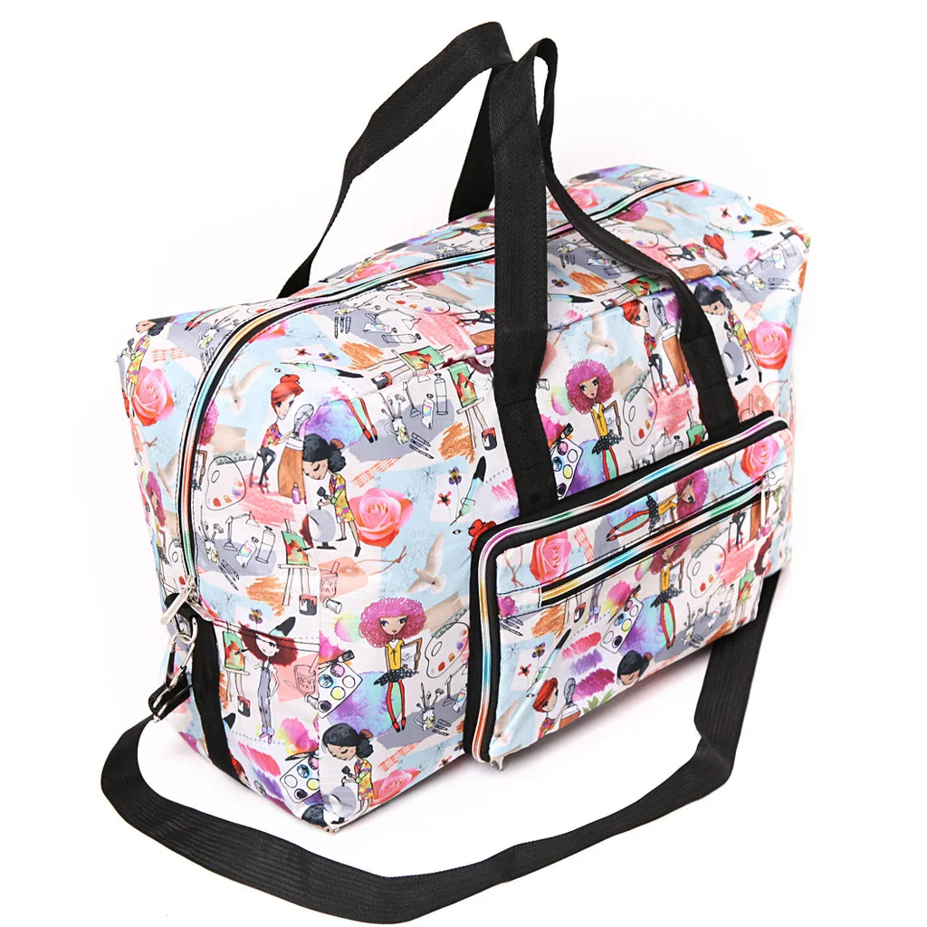 Colorful printed duffle bag with adjustable straps for travel