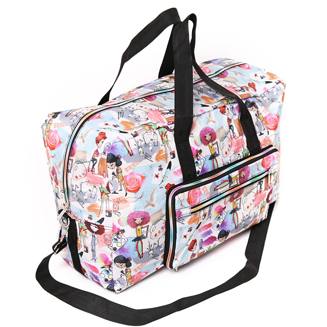 Colorful printed duffle bag with adjustable straps for travel