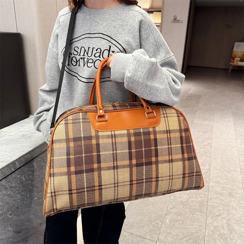 Tartan duffle bag, brown plaid design, perfect for travel