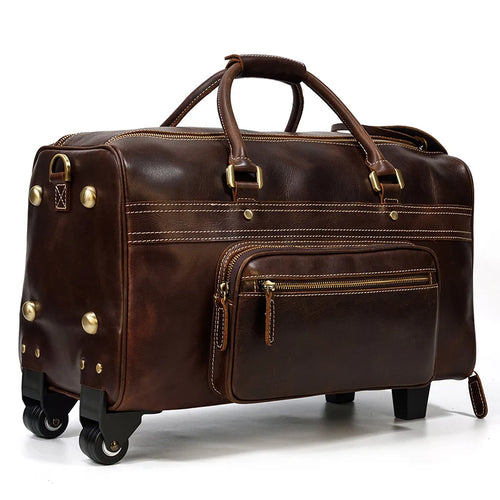 Brown leather duffle bag rolling with sturdy wheels for travel
