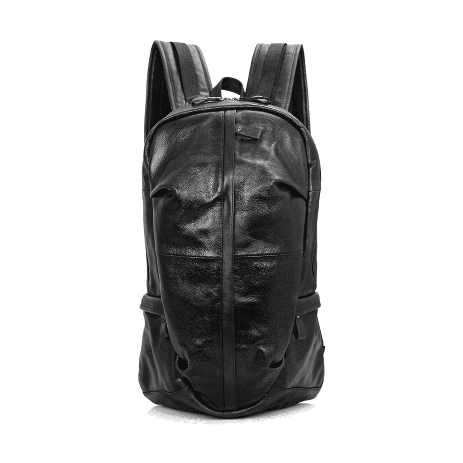 Durable travel backpack for men in black leather with padded shoulder straps and multiple compartments