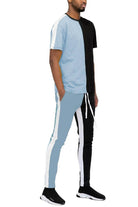 Men's activewear dust blue black pants set featuring a stylish color-blocked design