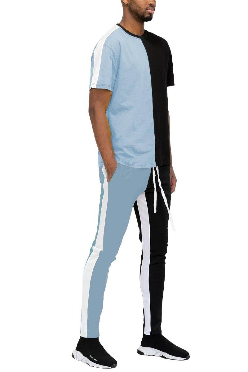 Men's activewear dust blue black pants set featuring a stylish color-blocked design