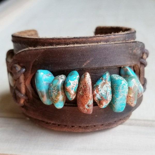 Women's Jewelry - Bracelets Dusty Leather Cuff With Turquoise Regalite Chunks
