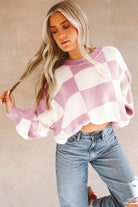 Women's SweatersPink Checkered Bishop Sleeve Sweater - VacationGrabs