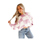 Pink Checkered Bishop Sleeve Sweater - VacationGrabs