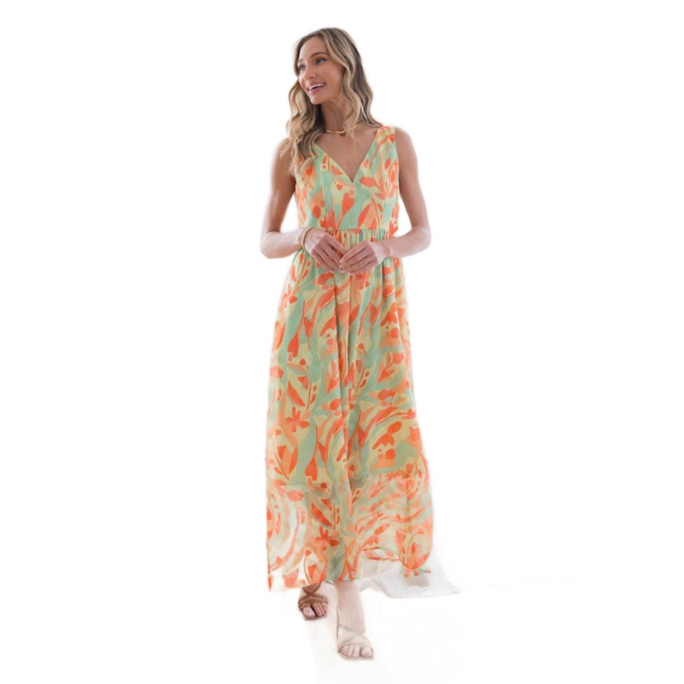 Sew In Love Printed V-Neck Sleeveless Dress - VacationGrabs