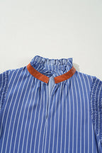 Stripe Frilly Neck Shirred Ruffle Sleeve Mini Dress