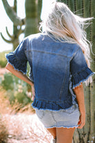 Women's Coats & JacketsPeacock Blue Raw Edge Ruffled Short Sleeve Denim Jacket - VacationGrabs