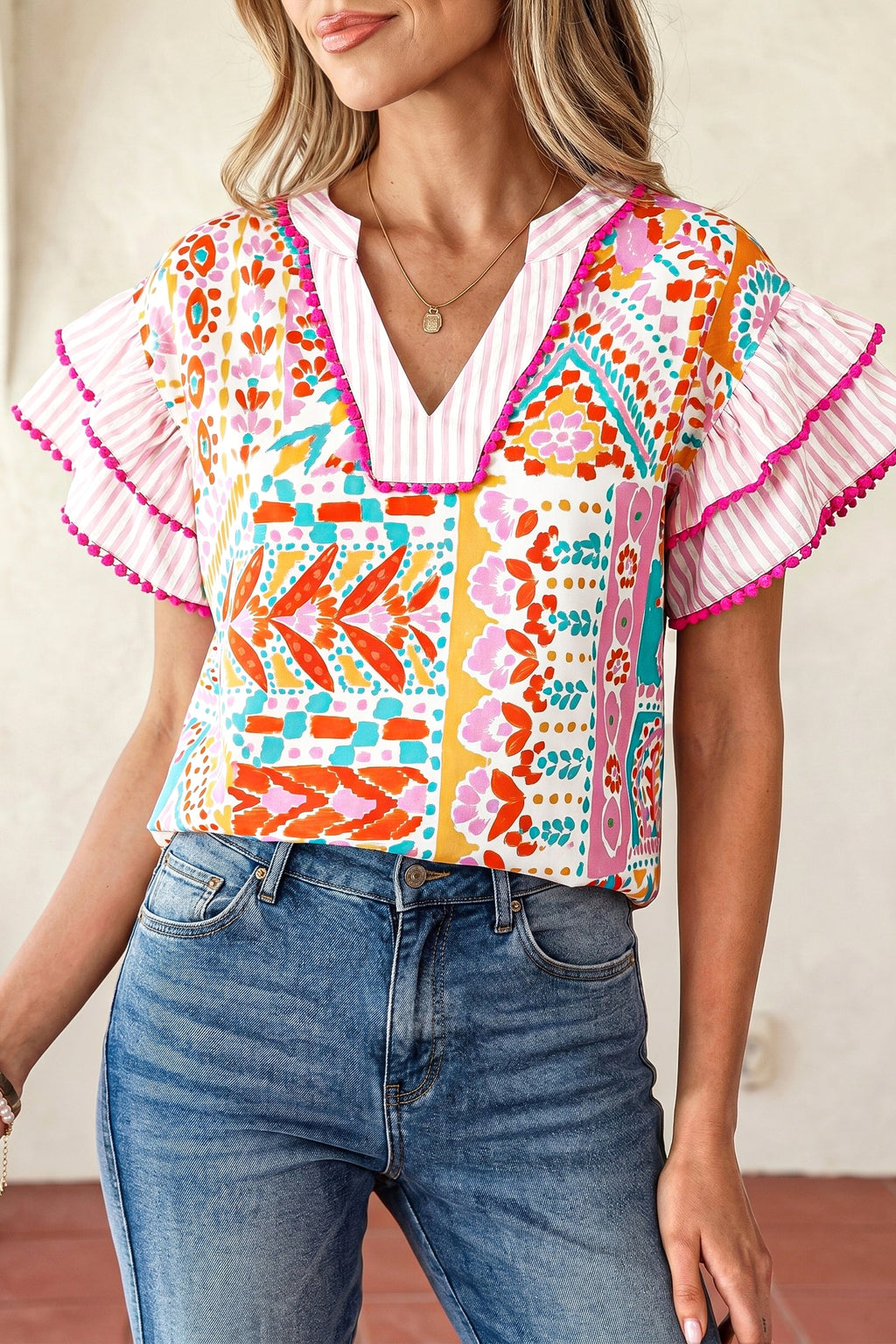 Boho Contrast Trim Patchwork Tiered Short Sleeve Blouse