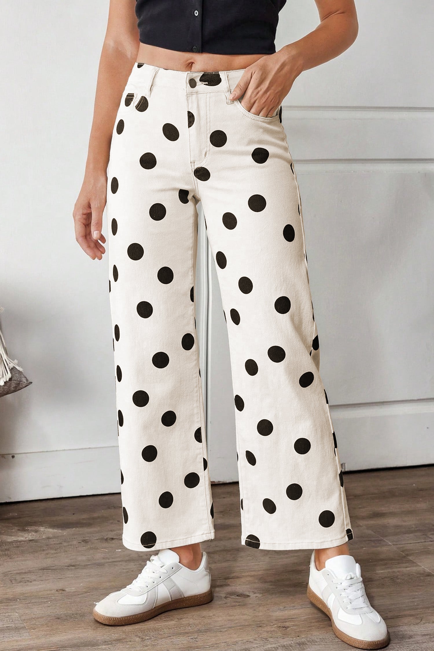 Polka Dot Wide Leg Ankle Length Jeans
