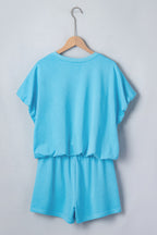 Solid Puff Sleeve Top & Drawstring Shorts Set