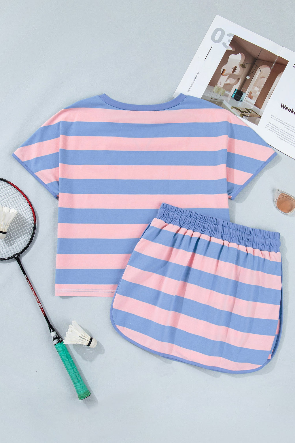 Stripe Dolman Tee & Drawstring Skort Athletic Set