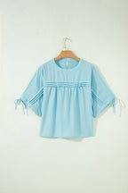 Solid Pleated Tie Sleeve Babydoll Blouse