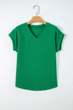 Cable Knit Textured V-Neck Short Sleeve T-Shirt