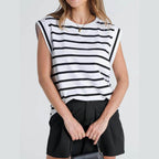 Striped Round Neck Cap Sleeve T-Shirt - VacationGrabs