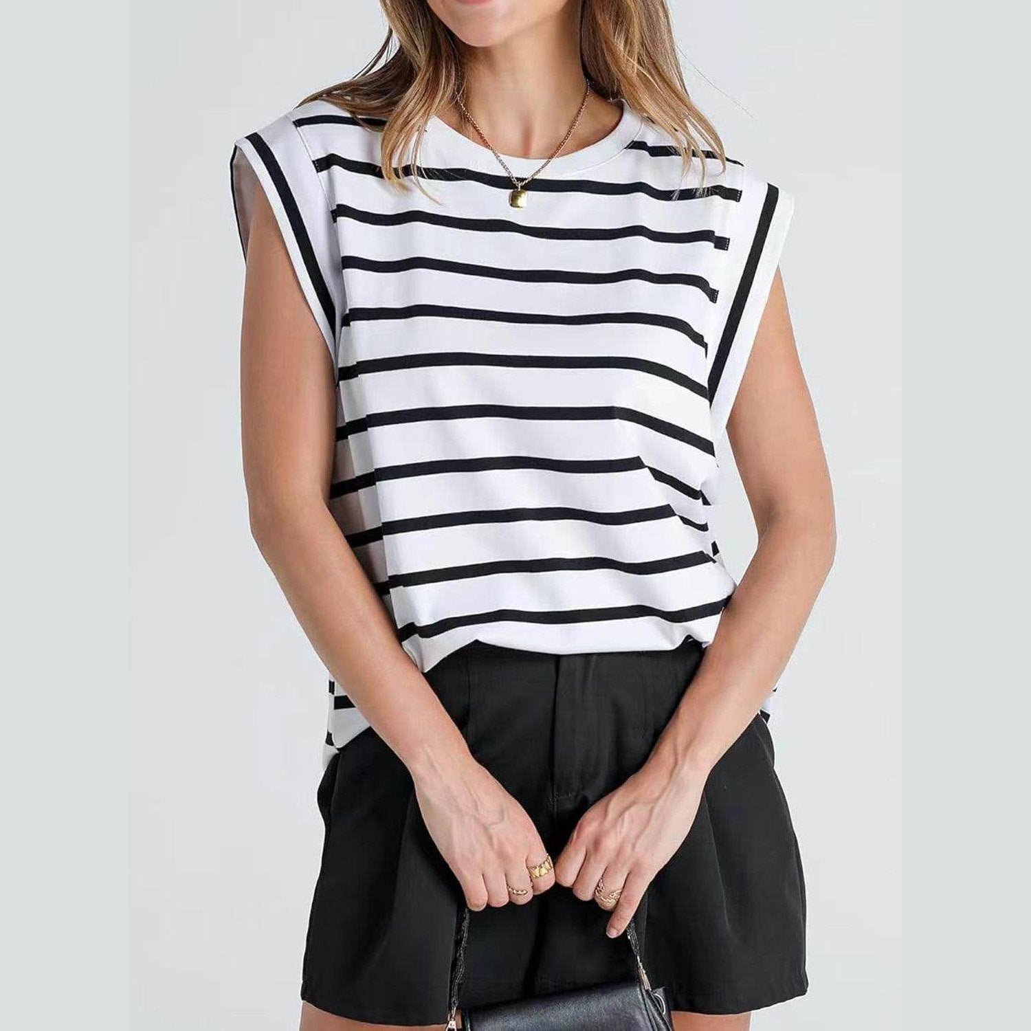 Striped Round Neck Cap Sleeve T-Shirt - VacationGrabs