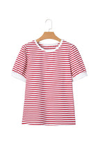 Stripe Contrast Trim Round Neck Puff Sleeve T-Shirt