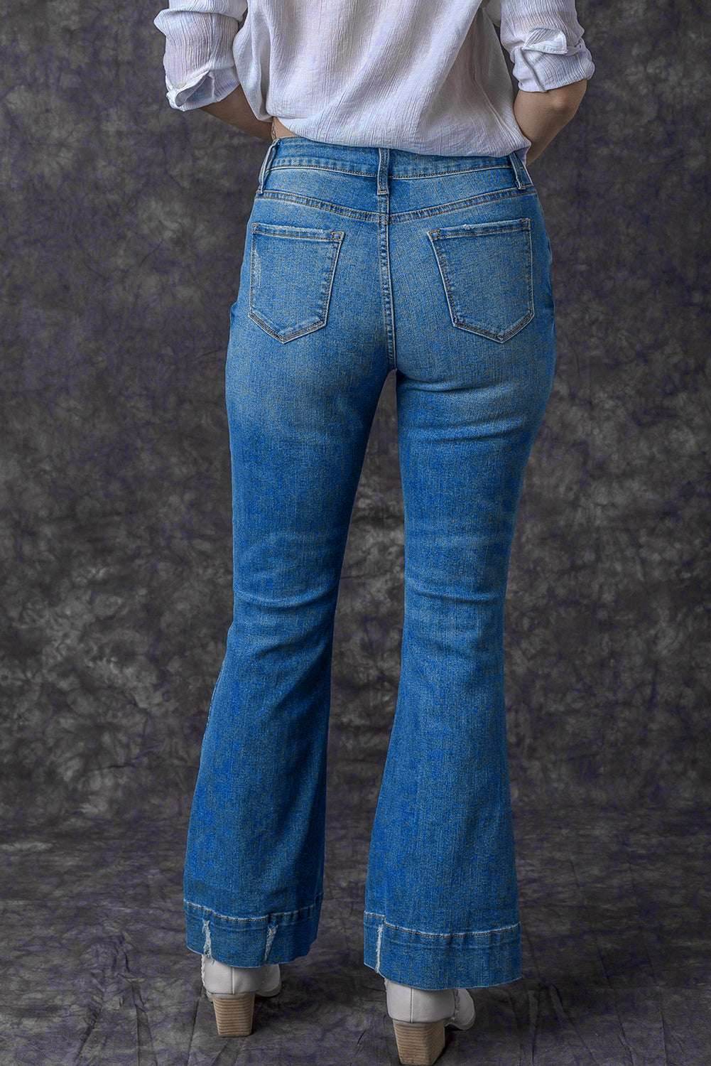 Sky Blue Slight Distressed Medium Wash Flare Jeans - VacationGrabs
