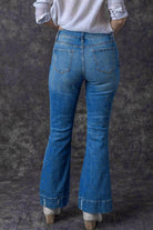 Sky Blue Slight Distressed Medium Wash Flare Jeans - VacationGrabs