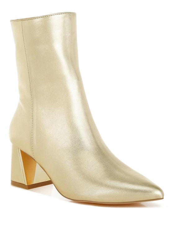 Rag Company metallic accent ankle boots in gold with a pointed toe and stylish block heel