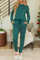 Women's Sleepwear/LoungewearGreen Christmas Candy Cane Printed Top and Pants Lounge Set - VacationGrabs