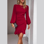 Ruched Ruffled Balloon Sleeve Mini Dress - VacationGrabs