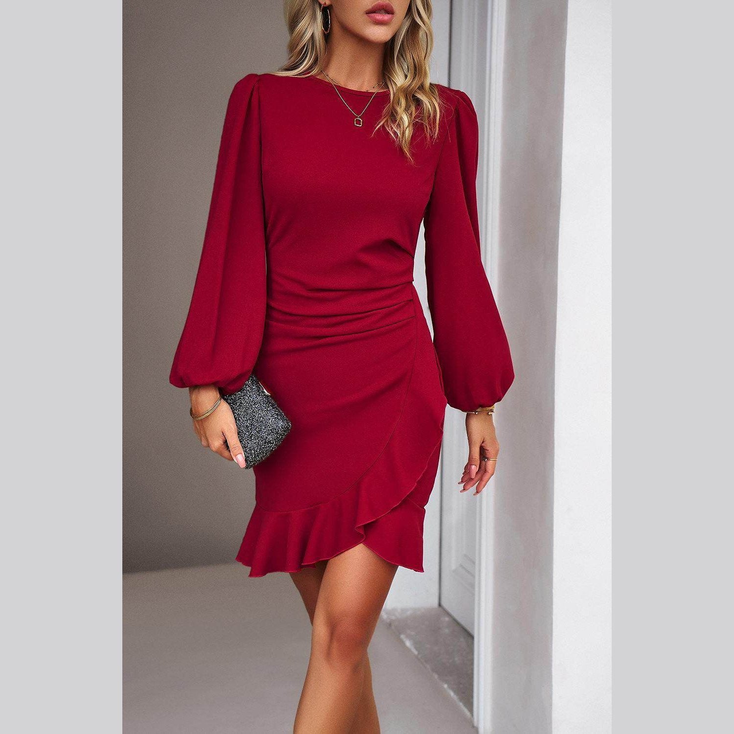 Ruched Ruffled Balloon Sleeve Mini Dress - VacationGrabs