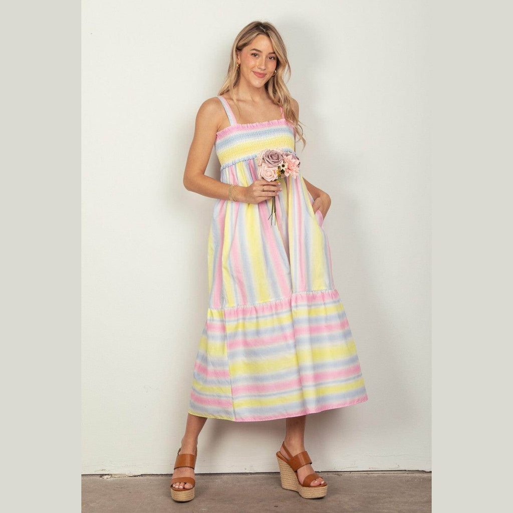 VERY J Striped Woven Smocked Midi Cami Dress - VacationGrabs