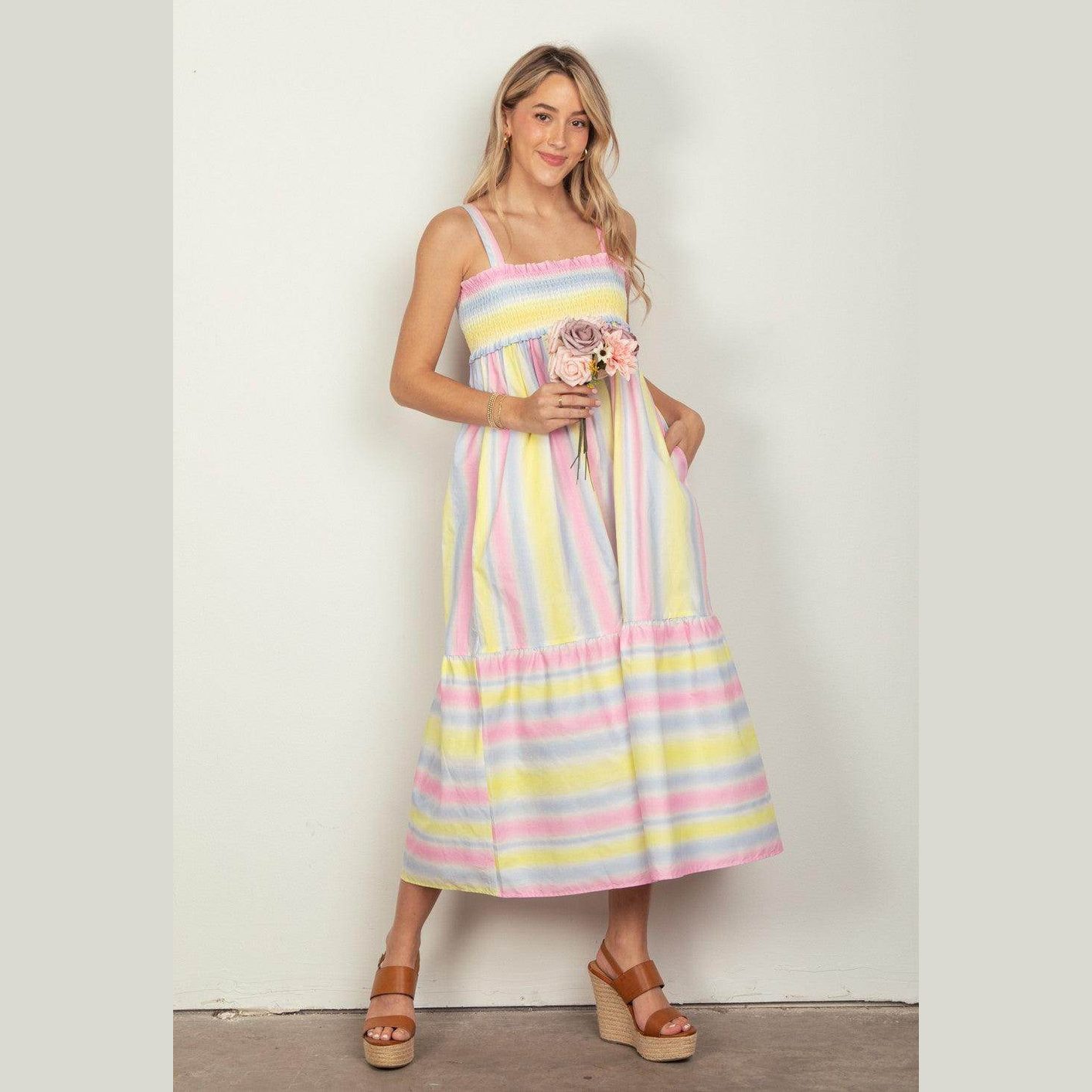 VERY J Striped Woven Smocked Midi Cami Dress - VacationGrabs