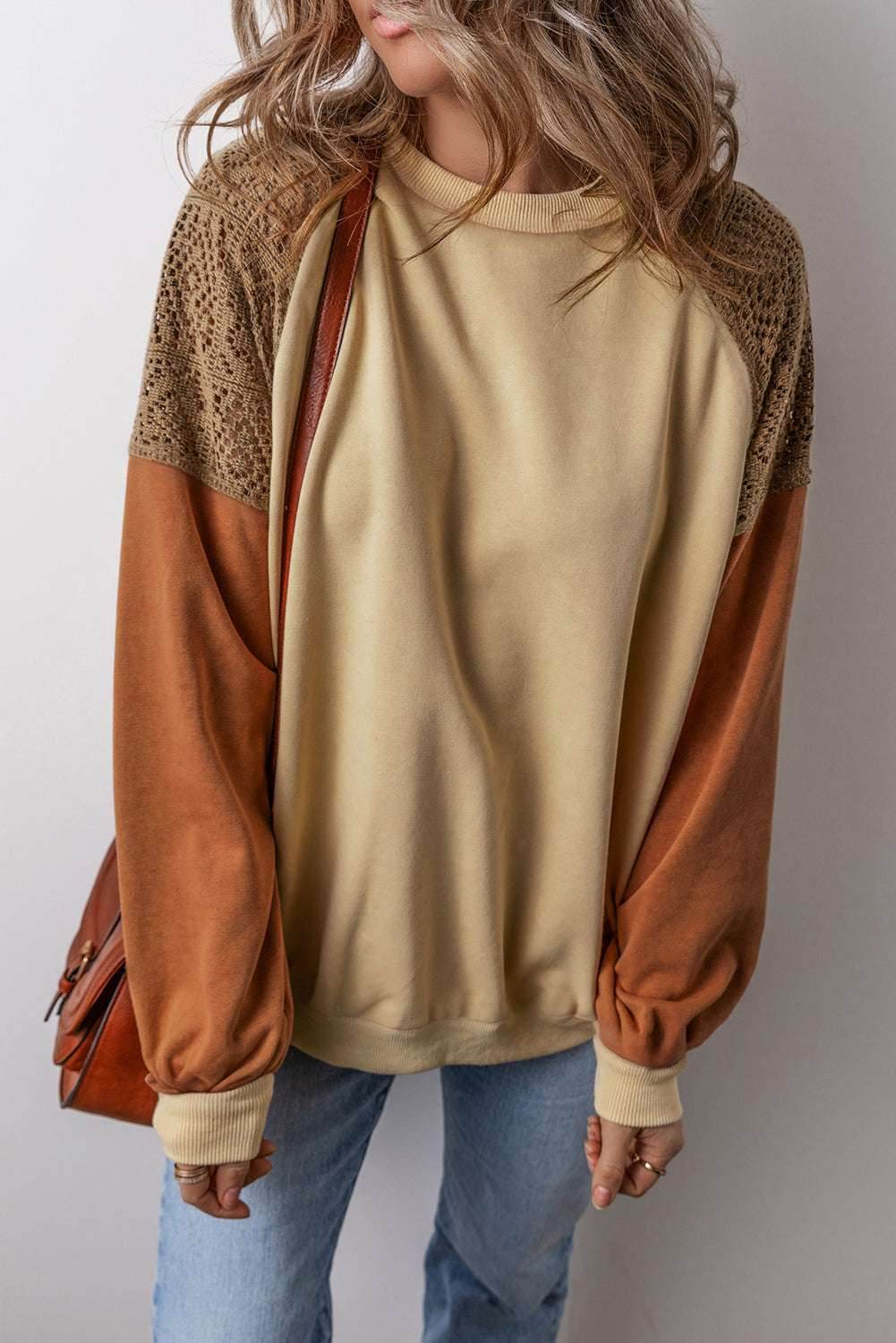 Khaki Lace Patchwork Colorblock Sweatshirt - VacationGrabs
