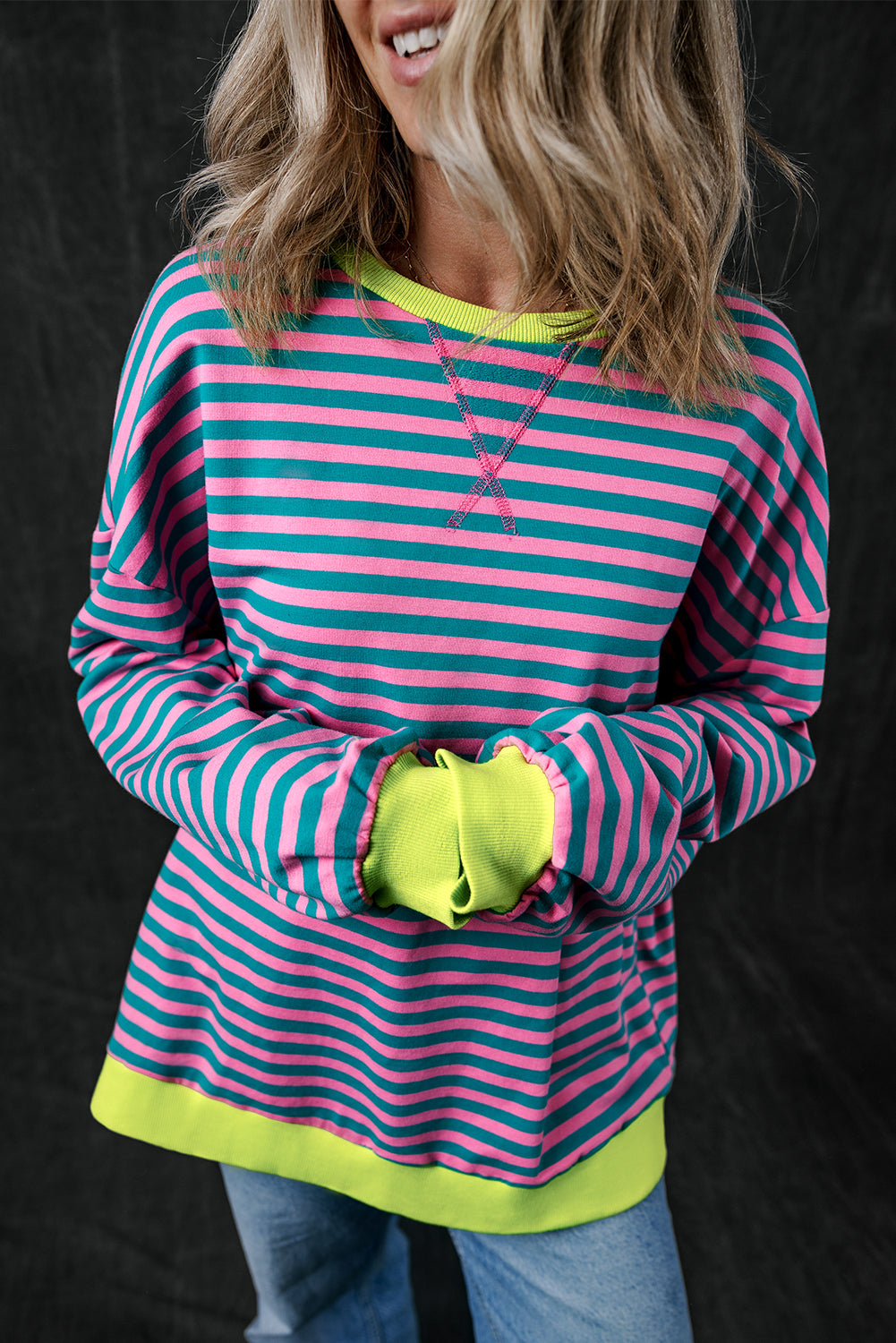 Women's Sweatshirts & HoodiesGreen Stripe Oversized Contrast Trim Pullover Sweatshirt - VacationGrabs