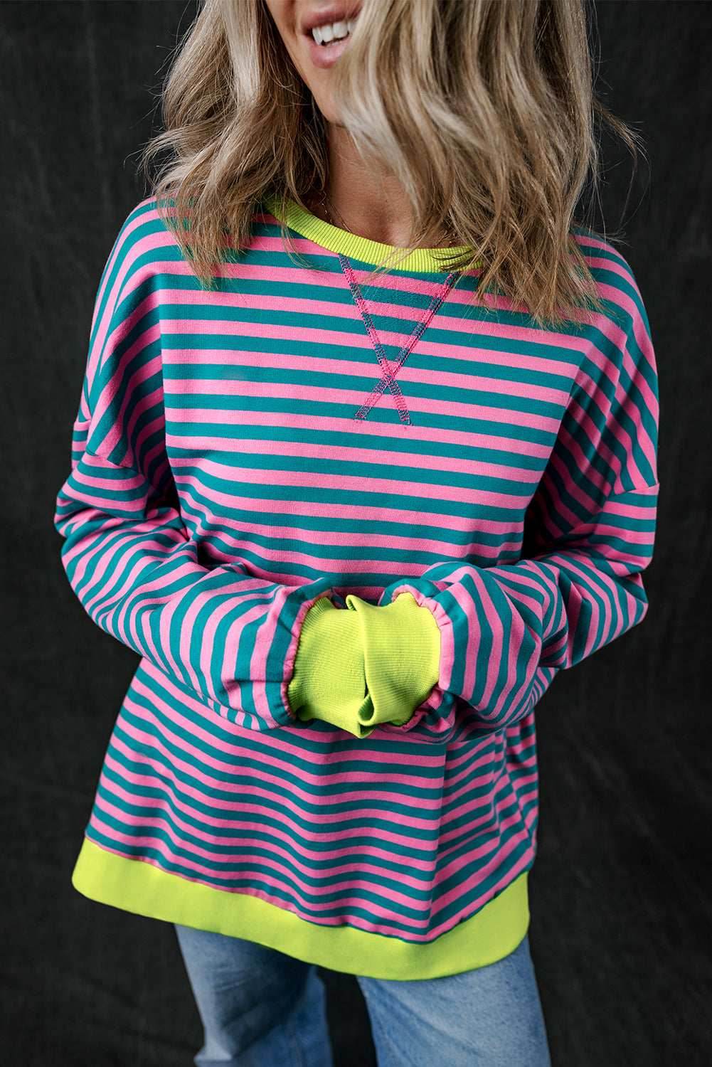 Green Stripe Oversized Contrast Trim Pullover Sweatshirt - VacationGrabs