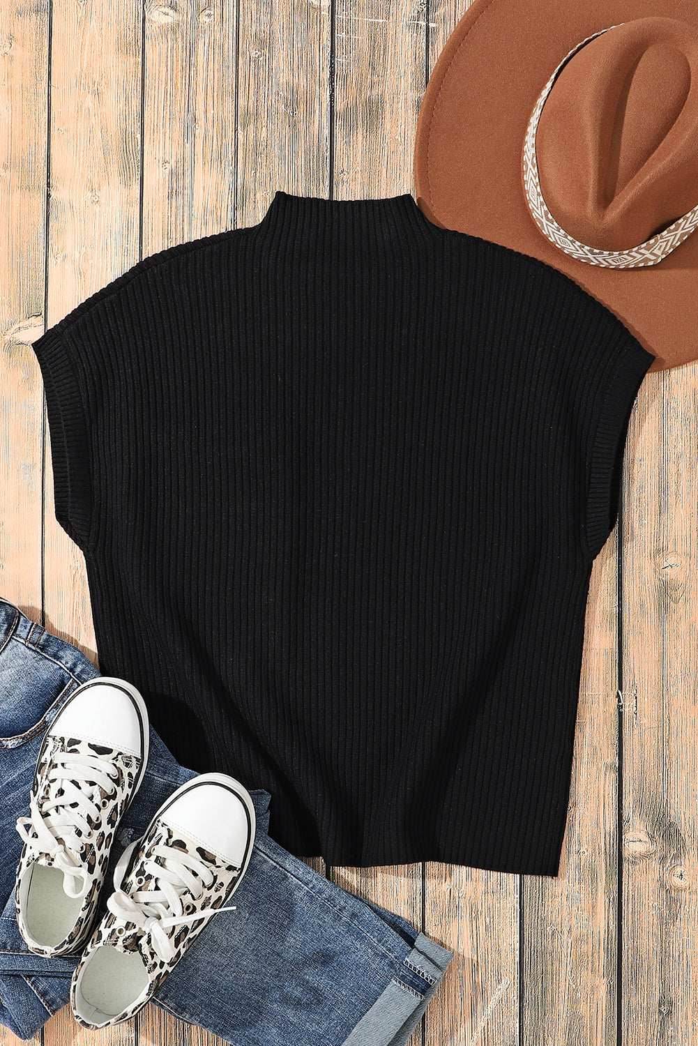 Black Patch Pocket Ribbed Knit Short Sleeve Sweater - VacationGrabs