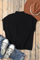 Black Patch Pocket Ribbed Knit Short Sleeve Sweater - VacationGrabs