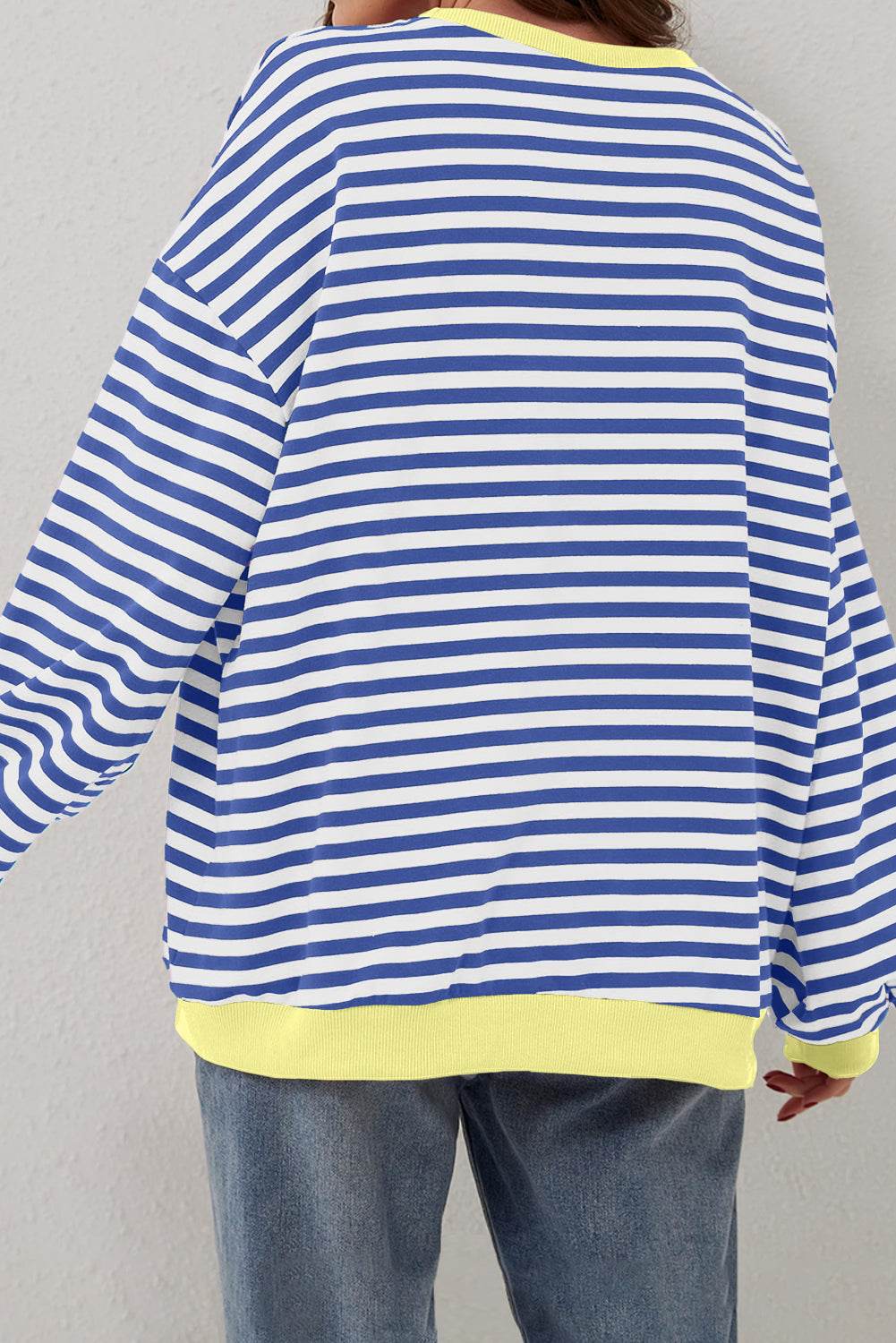 Blue Stripe Oversized Contrast Trim Pullover Sweatshirt - VacationGrabs