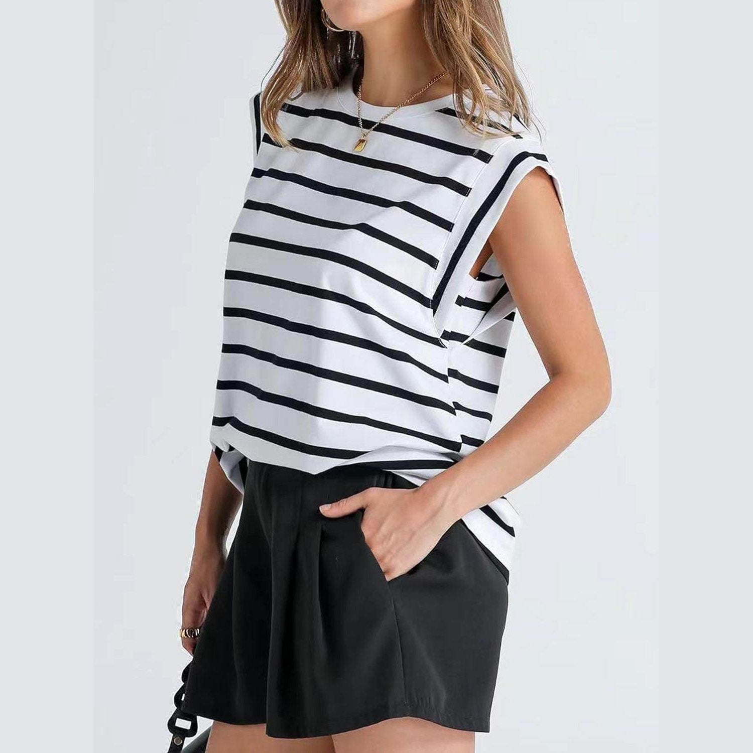 Striped Round Neck Cap Sleeve T-Shirt - VacationGrabs