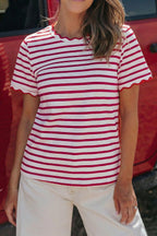 Stripe Scallop Trim Round Neck T-Shirt