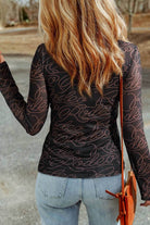 Black Western Rodeo Printed Mock Neck Long Sleeve Mesh Top - VacationGrabs