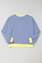 Blue Stripe Oversized Contrast Trim Pullover Sweatshirt - VacationGrabs
