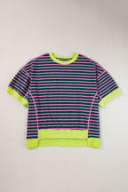 Green Stripe Oversized Contrast Trim Exposed Seam High Low T Shirt - VacationGrabs