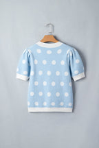 Polka Dot Puff Short Sleeve V-Neck Sweater