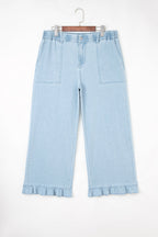 Plus Size Denim Elastic Waist Ruffle Wide Leg Pants
