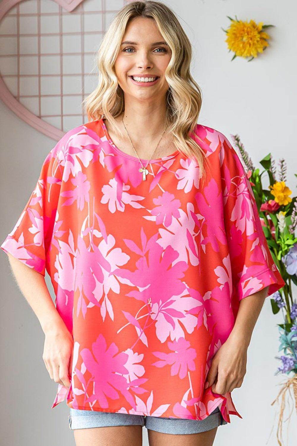 First Love Slit Printed Round Neck Half Sleeve Blouse - VacationGrabs