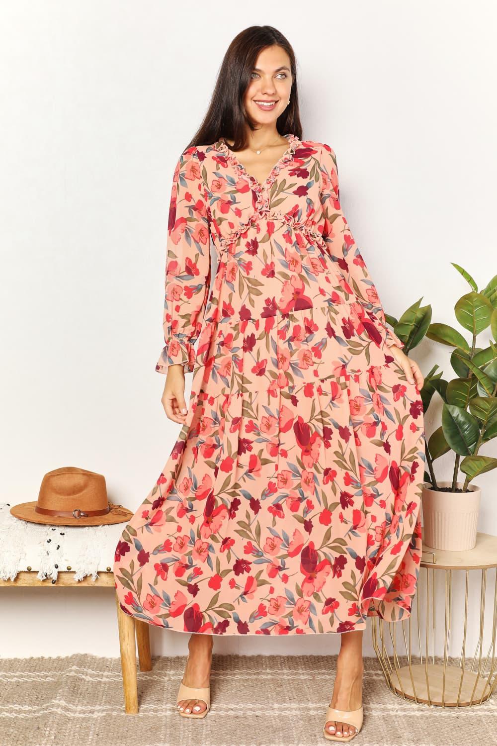 Women's Dresses Double Take Floral Frill Trim Flounce Sleeve Plunge Maxi Dress