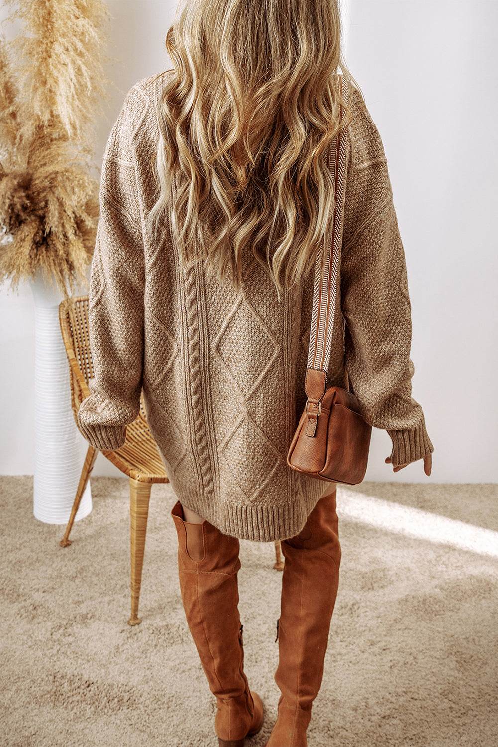 Parchment Cable Knit Drop Shoulder Loose Fit Sweater Dress - VacationGrabs