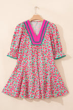 Floral Patchwork V-Neck Bubble Sleeve Mini Dress