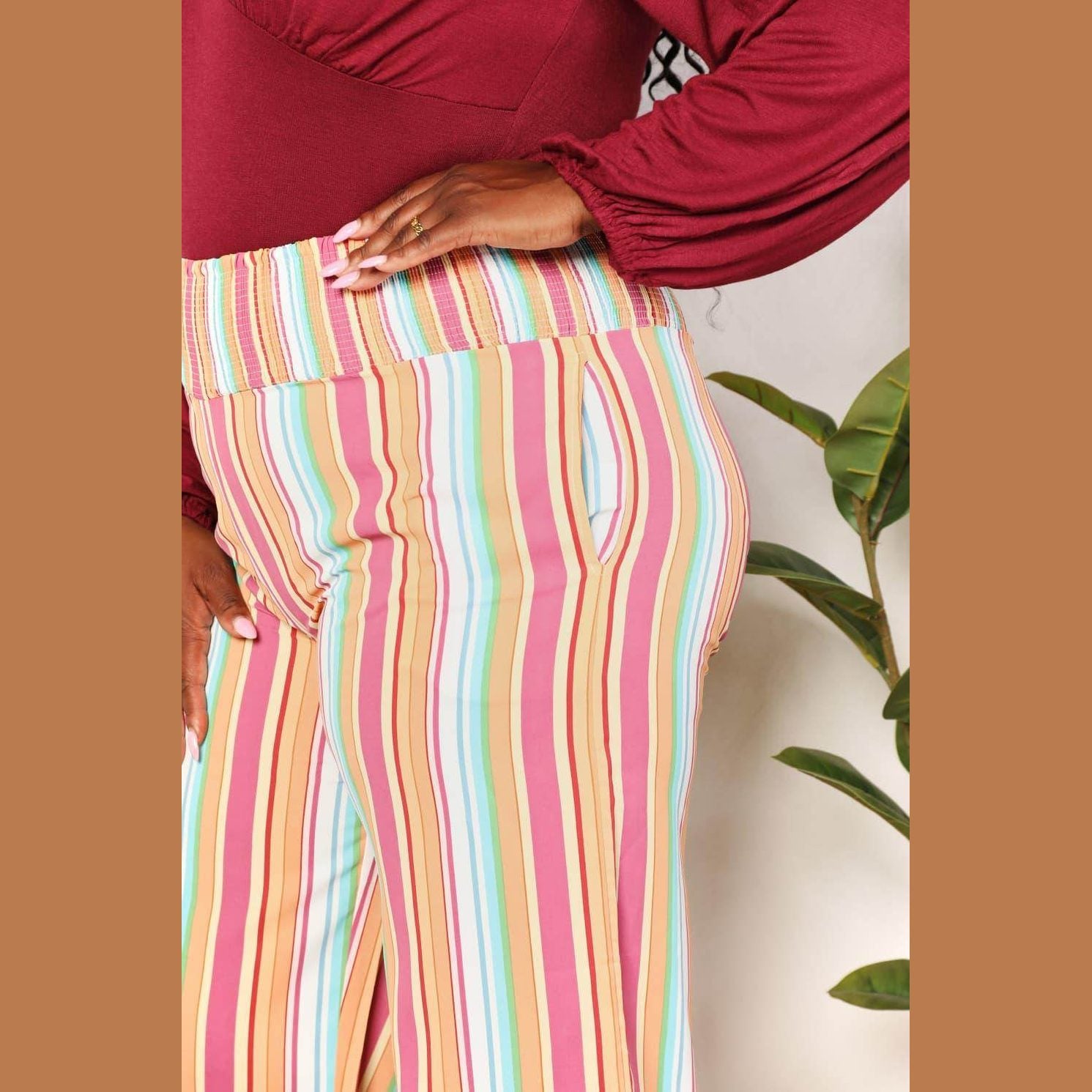 Double Take Striped Smocked Waist Pants with Pockets - VacationGrabs