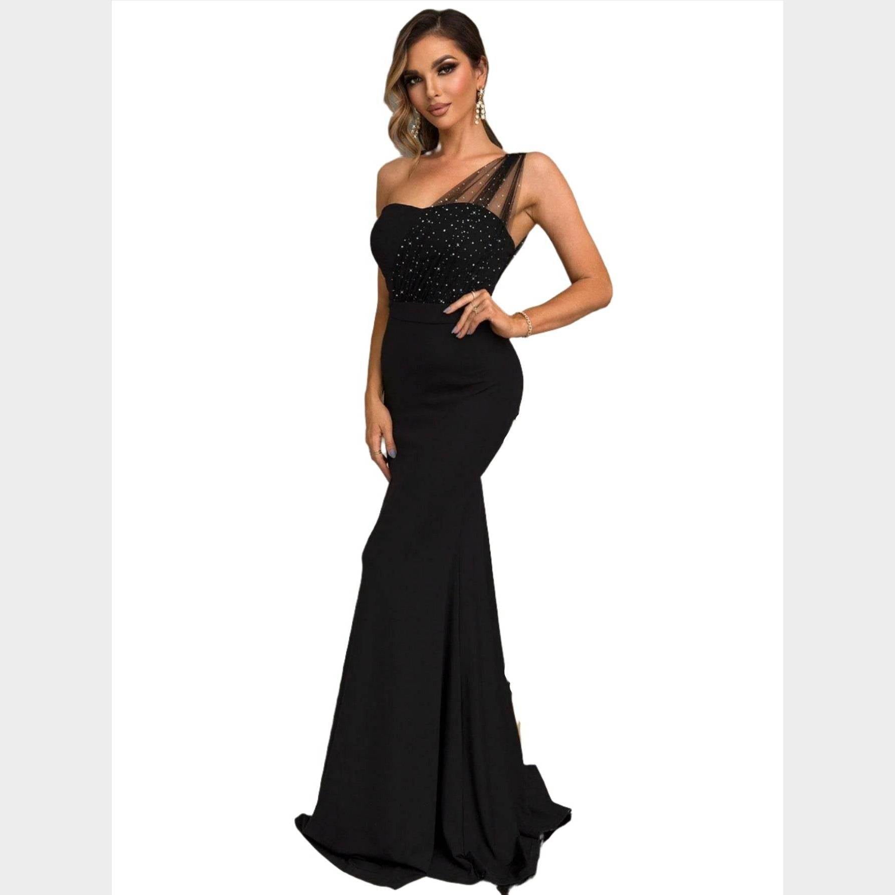Rhinestone One-Shoulder Formal Dress - VacationGrabs
